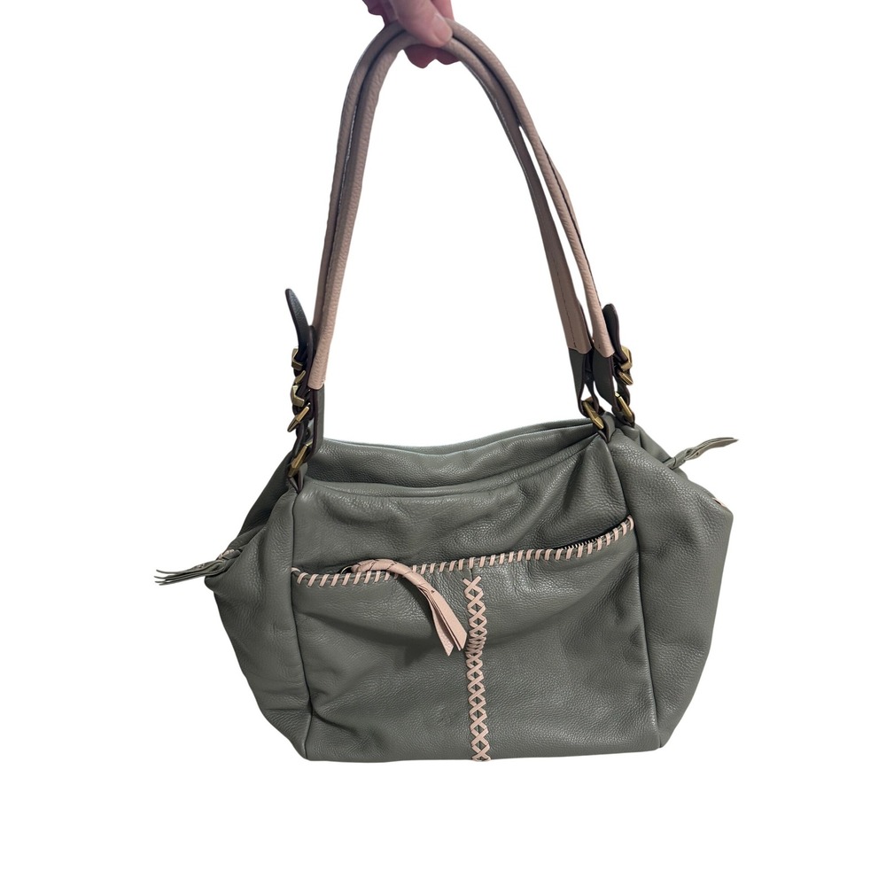 orYANY Shoulder Bag Womens Large Sage Green Pink Leather Hobo Whipstitch Boho